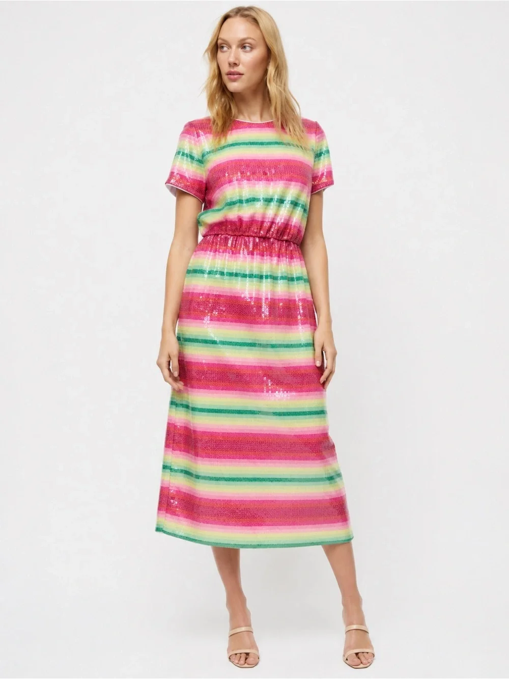 J. Crew Striped Sequin Midi Dress in Pink and Green